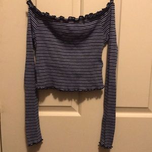 off-the-shoulder striped ribbed lettuce edge top